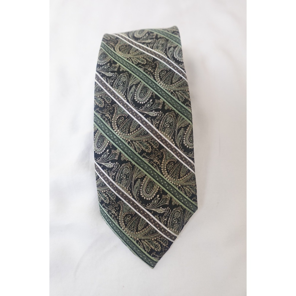 Pronto Uomo Paisley Stripe Tie Green‎ Gold Black Silk Blend Necktie